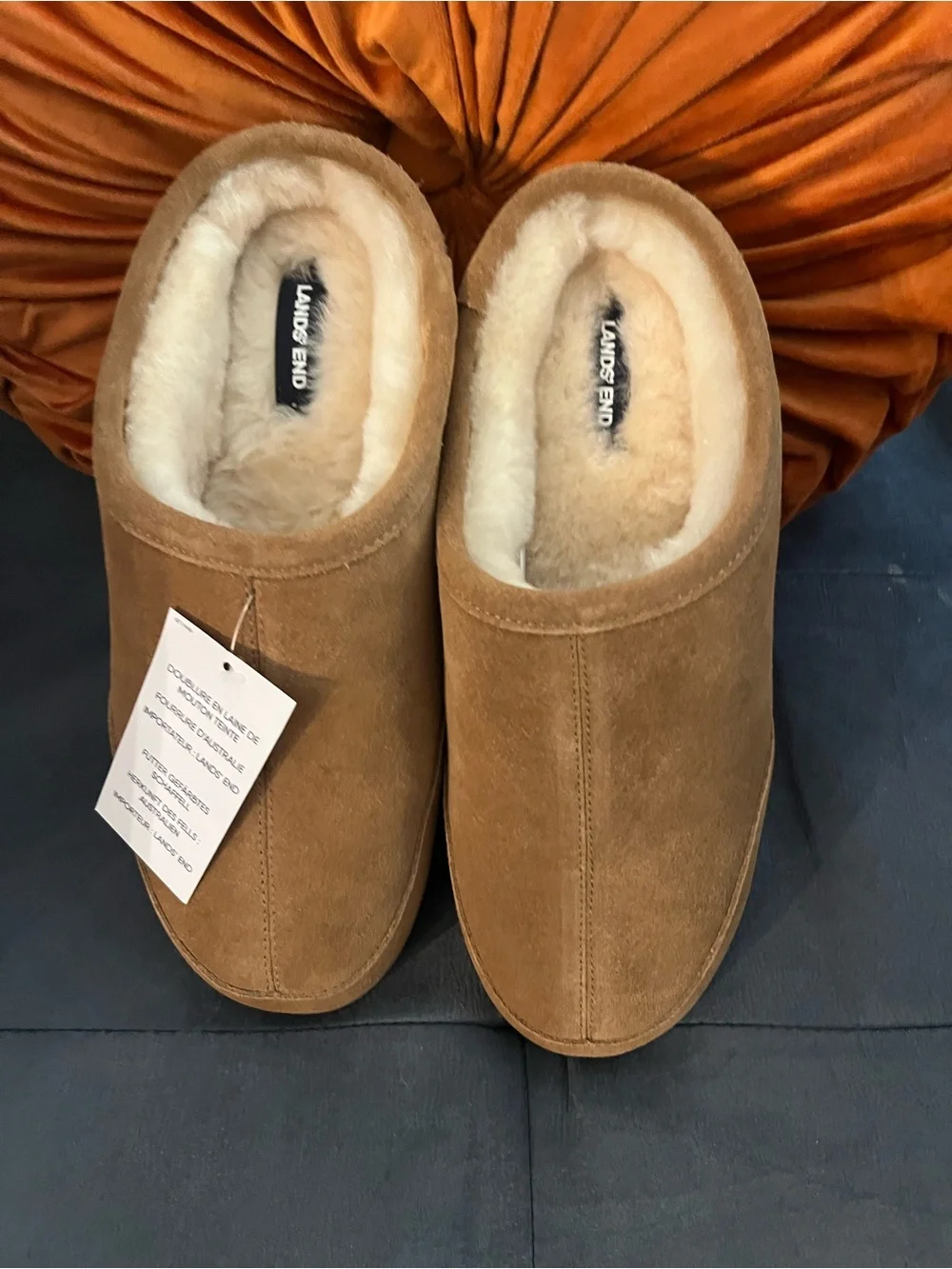 Lands' End Suede Shearling-Lined Slip-On Clogs - Chestnut Brown